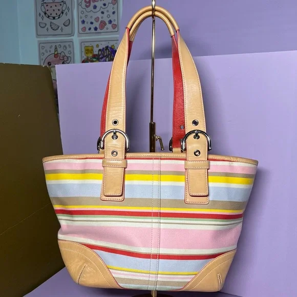 Vintage 2004 Coach Hamptons Daisy Multicolor Striped Handbag Cotton Leather Y2K - Picture 2 of 16